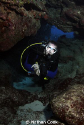 A diver in a swim through off the coast of Grand Cayman. by Nathan Cook 